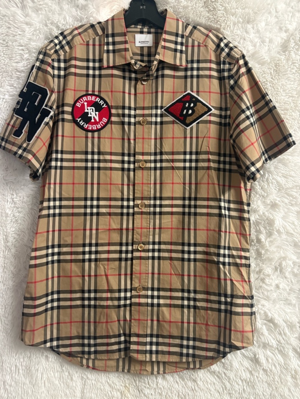 Burberry Brown Plaid Logo Short Sleeve Shirt Medium